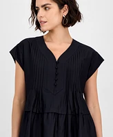 Robbie Bee Women's Short-Sleeve Pintuck Cotton Babydoll Dress