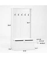 Entryway Bench with Coat Rack, Shoe Storage, & Hooks - White