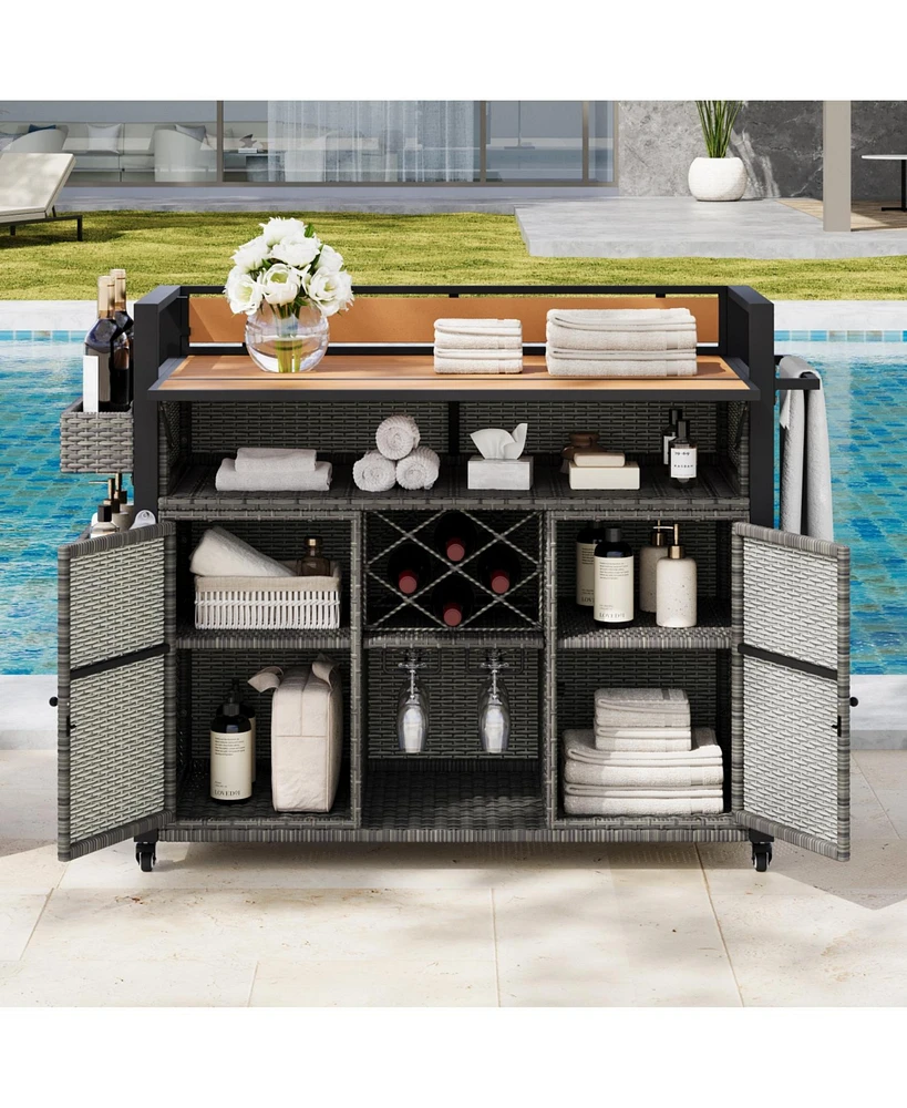Wicker Grill Cart with Table Top & Storage