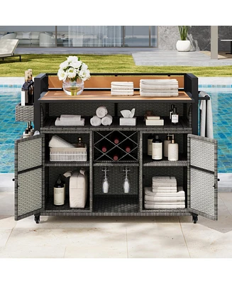 Wicker Grill Cart with Table Top & Storage