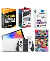 Nintendo Switch White Oled Console with Mario Kart 8 Deluxe, Surge Accessory Gaming Kit, MightySkins Console and Controller Skin Voucher, and 1 Year C