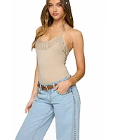Edikted Women's Colbie Faux Suede Fringe Trim Bodysuit