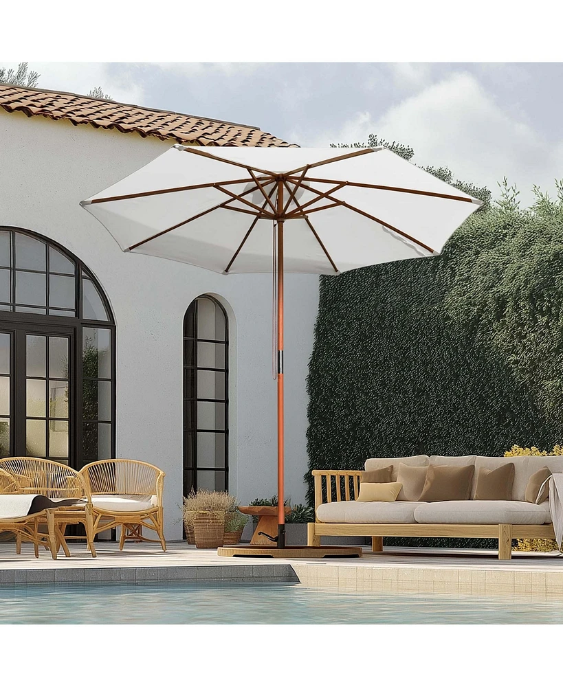 Yescom 9ft Solid Wood Outdoor Patio Umbrella with Base Included Parasol Wheels Stand for Bistro Market Garden Deck Yard Poolside White