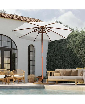 Yescom 9ft Solid Wood Outdoor Patio Umbrella with Base Included Parasol Wheels Stand for Bistro Market Garden Deck Yard Poolside White