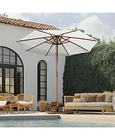 Yescom 9ft Solid Wood Outdoor Patio Umbrella with Base Included Parasol Wheels Stand for Bistro Market Garden Deck Yard Poolside White