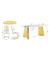 Pandora Stone Table & 4 White Pu Chairs - Butterfly Legs