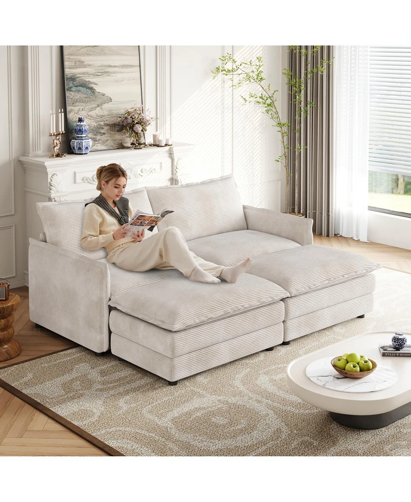 Corduroy 2-Seater Sofa with Footrests & Cushions