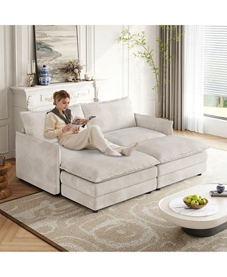 Corduroy 2-Seater Sofa with Footrests & Cushions