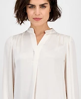 Anne Klein Women's Textured Split-Neck Long-Sleeve Top