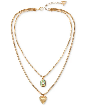 Guess Gold-Tone Mixed Stone Heart Layered Pendant Necklace, 18" + 2" extender