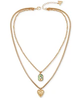 Guess Gold-Tone Mixed Stone Heart Layered Pendant Necklace, 18" + 2" extender