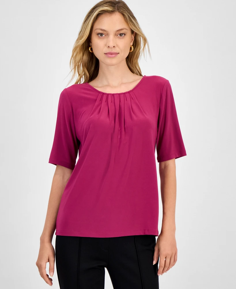 Kasper Women's Pleated-Neck Elbow-Sleeve Top, Regular & Petite