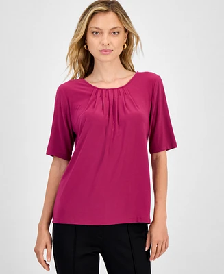 Kasper Women's Pleated-Neck Elbow-Sleeve Top, Regular & Petite