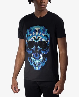 heads or tails Men's Blue Skull Rhinestone Crew T-Shirt