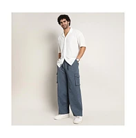 Campus Sutra Men's Prussian Blue Heathered-Relaxed Cargo Trousers