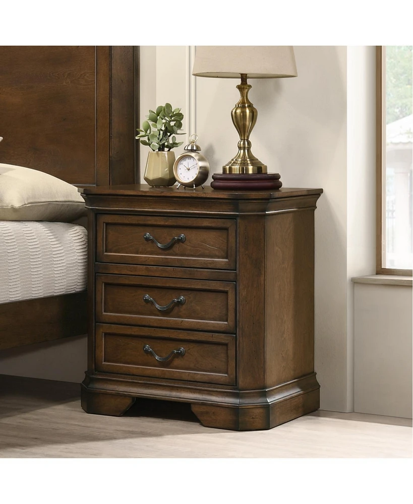 Maderne Traditional Wood 3-Drawer Nightstand, Antique Walnut/Brown