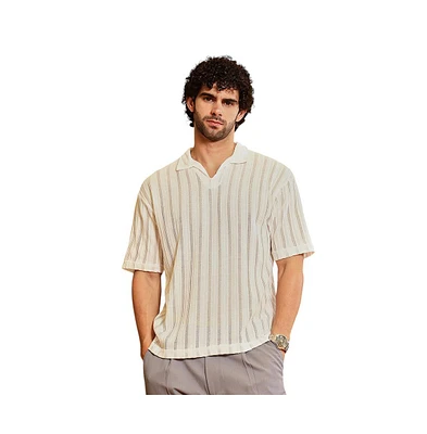 Campus Sutra Men's Off-White Duo-Striped Relaxed Polo T-Shirt