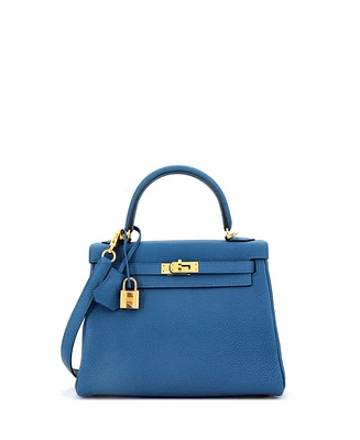 Pre-Owned Hermes Kelly 25 Handbag Blue Togo with Gold Hardware