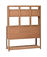 Fir Wood Potting Bench with Hutch & Shelves