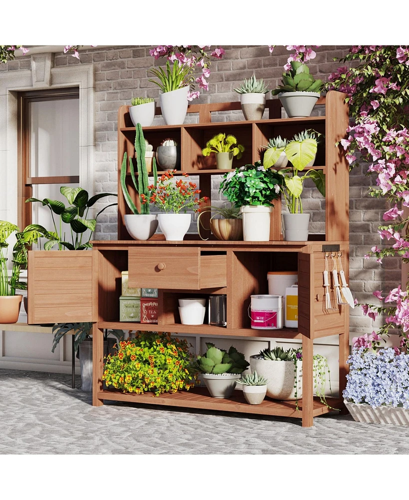 Fir Wood Potting Bench with Hutch & Shelves