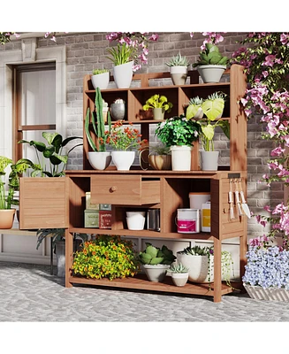 Fir Wood Potting Bench with Hutch & Shelves