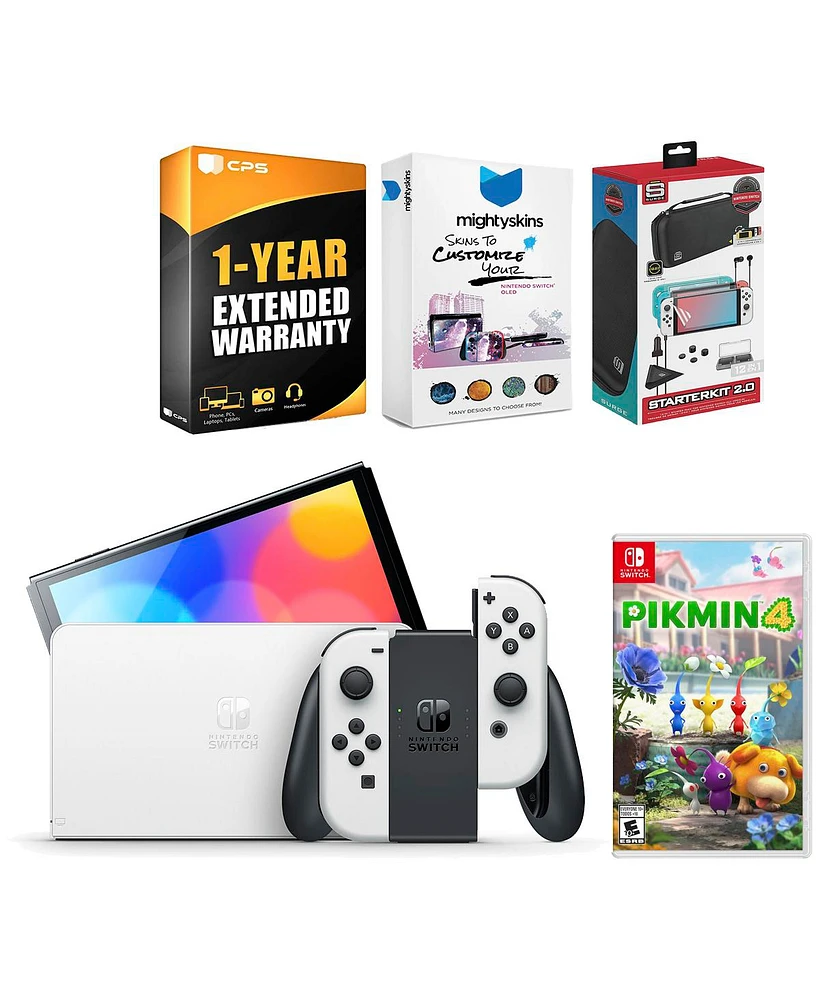 Nintendo Switch White Oled Console with Pikmin 4, Surge Accessory Gaming Kit