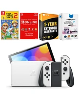 Nintendo Switch White Oled Console with Mario Maker 2 , Nso 12 Month Family Membership, MightySkins Console and Controller Skin Voucher, and 1 Year Cp