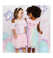 Sweet Wink Toddler Girls Birthday Patch Rainbow Ombre Sequin Short Sleeve Tutu Dress