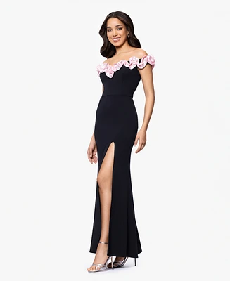 Blondie Nites Juniors' Off-The-Shoulder Ruffled Evening Gown