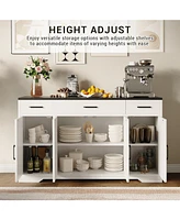 55"Modern Farmhouse Sideboard Cabinet with 4 Doors & Drawers, Rustic White Wood Coffee Bar Buffet with Adjustable Shelves, Kitchen Storage Cabine