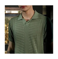 Campus Sutra Men's Olive Green Textured-Knit Polo T-Shirt