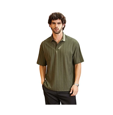 Campus Sutra Men's Army Green Spiralknot-Tactile Oversized Polo T-Shirt