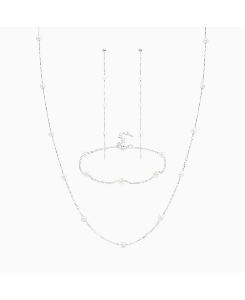 Sterling Silver Infinite Cultured Pearl Bracelet, Necklace & Drop Earrings Set
