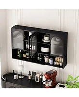 47.25" Four-door Glass Wall Cabinet Storage, Wall-mounted, Suitable for Kitchen, Living Room, Bathroom(Black)