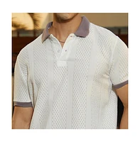 Campus Sutra Men's Chalk White & Pastel Purple Contrast Open-Knit Polo T-Shirt