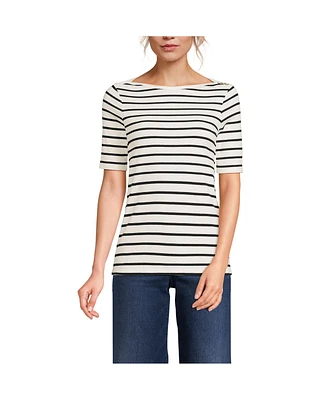 Lands' End Petite Supima Cotton Elbow Sleeve Boatneck Button Shoulder Tee