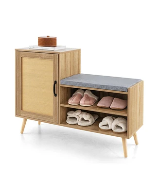 2-in-1 Rattan Shoe Cabinet with Bench Shoe Storage Bench with Washable Cushion