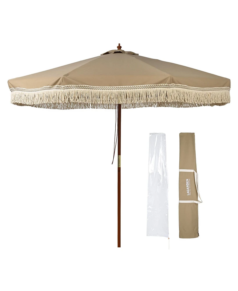 LAGarden Boho 9' Fringe Patio Umbrella with Tassels UPF50+ Boho Style 5-Year-Non-Fading for Outdoor Yard Market Mocha Meander