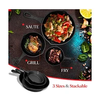 NutriChef Cast Iron Skillet Pan Set - 3 Pre-Seasoned Skillets (6", 8", 10") with Scraper