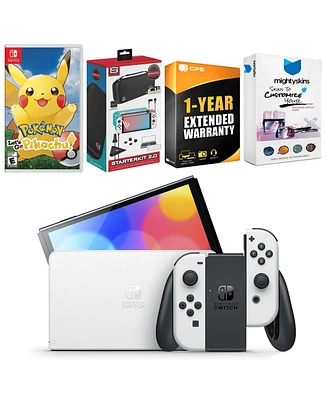 Nintendo Switch White Oled Console with Pokemon Let's Go, Pikachu!, Surge Accessory Gaming Kit, MightySkins Console and Controller Skin Voucher