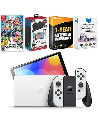 Nintendo Switch White Oled Console with Super Smash Bros. Ultimate, Surge Accessory Gaming Kit, MightySkins Console and Controller Skin Voucher