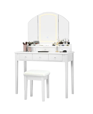 Vanity Table Stool Set with Large Tri-folding Lighted Mirror