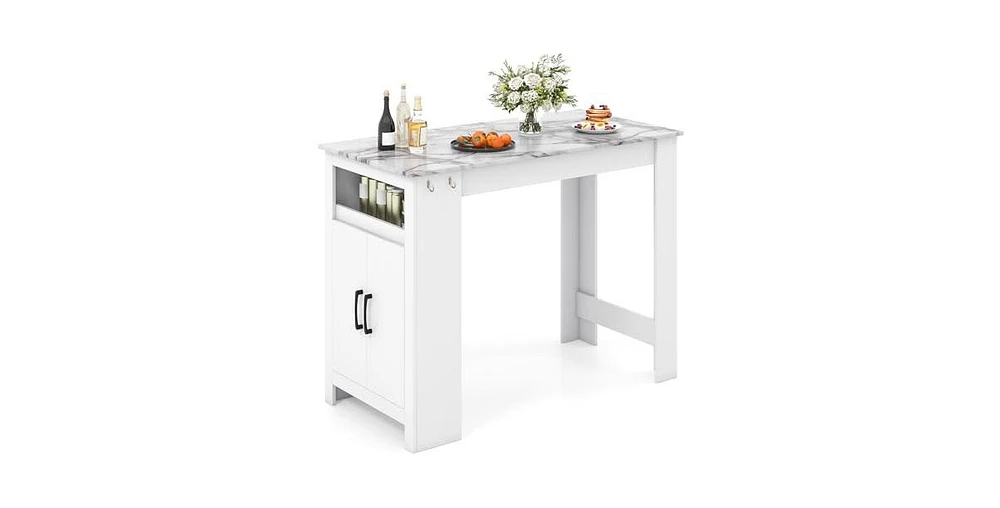 Bar Table Faux Marble Pub Table with 7 Hanging Hooks Compartment