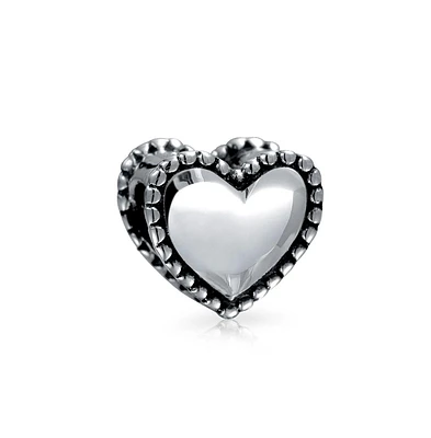 Bling Jewelry Milgrain Edge Heart Shape Charm Bead Oxidized .925 Sterling Silver Fits European Bracelet