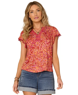 Democracy Petite Flutter-Sleeve Printed Knit Top