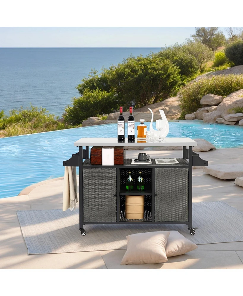 Outdoor Wicker Rolling Cart with Stainless Steel Top
