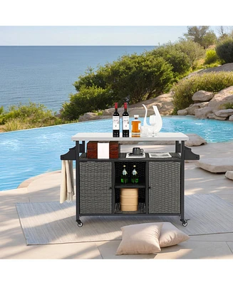 Outdoor Wicker Rolling Cart with Stainless Steel Top