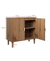 Walnut Wood Buffet Cabinet with Line Groove Design