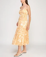 Trixxi Juniors' Gauze Printed Spaghetti Strap Tiered Midi Dress