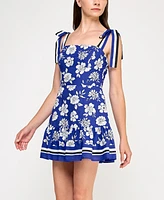 Trixxi Juniors' Cotton Printed Tie-Shoulder Short Dress